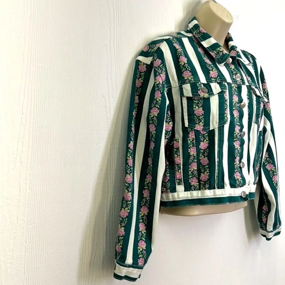 Forever 21 - Vintage Retro Stripe Floral Denim Crop Jacket Size Small